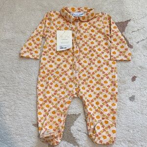 Rachel Riley Cream and Orange Pumpkin Print Quilted Footed One-Piece